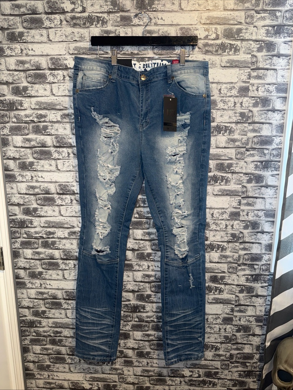 36/34 Men's Beat & Rhythm Denim Blue Jeans Distressed - Stacked - NWT